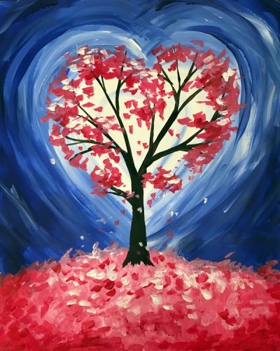 Heart Tree Painting, February Canvas Painting Ideas, Valentine Canvas Painting Ideas, Valentine Canvas Painting, Valentine Paintings On Canvas, Paint Night Ideas Easy, Canvas Ideas Easy, Valentines Painting, Tree Painting Easy