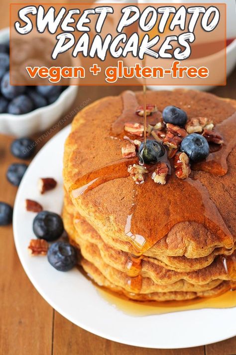 Fluffy gluten free sweet potato pancakes that will make the perfect addition to your breakfast or brunch table. These easy pancakes are easy to make, spiced perfectly, and are, of course, delicious! #delightfuladventures #glutenfreepancakes #sweetpotatopancakes #veganpancakes Sweet Potato Pancakes Vegan, Pantry Breakfast, Gfcf Diet, Easy Pancakes, Vegan Brunch Recipes, Vegetarian Ideas, Gluten Free Sweet Potato, Christian Tattoo, Gf Breakfast