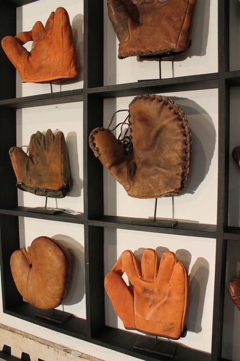 Baseball Glove Display, Baseball Basement, Vintage Baseball Room, Glove Display, Vintage Sports Decor, Baseball Theme Room, Baseball Man Cave, Baseball Nursery, Baseball Bedroom