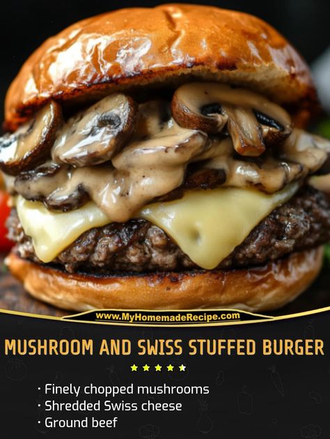 Mushroom And Swiss, Pizza Burgers Recipe, Burger Ingredients, Grilled Burger Recipes, Mushroom Burgers, Stuffed Burger, Recipe Mushroom, Burger Bites, Burger Recipes Beef