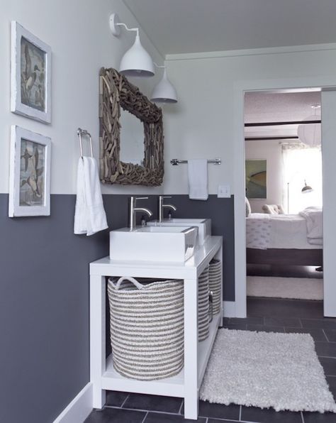 Milk and Honey Home - bathrooms - Benjamin Moore - Downpipe - gray and white bathroom walls, gray and white bathroom, two tone walls Bathroom Wall Colors, Half Painted Walls, White Lamps, Two Tone Walls, Grey Wall Color, Slate Floor, Wash Station, Slate Tiles, Gray Painted Walls