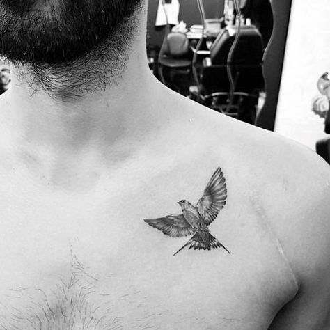 Shaded Flying Bird Guys Upper Chest Small Tattoos Tattoo Ideas Chest, Colorful Bird Tattoos, Small Bird Tattoos, Bird Tattoo Men, Dove Tattoos, Small Chest Tattoos, Flying Bird Tattoo, Small Bird Tattoo, Small Quote Tattoos