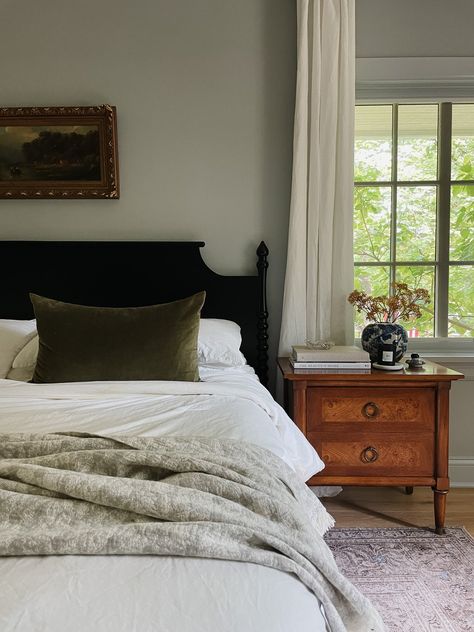 Our Primary Bedroom: A Before and After (ish) | We're the Whites Modern Traditional Bedding, Traditional Transitional Bedroom, Timeless Primary Bedroom, Havenly Before And After, Primary Room Ideas, Vintage Master Bed, Timeless Master Bedrooms Decor, Traditional Transitional Home Decor, Accent Chair In Bedroom