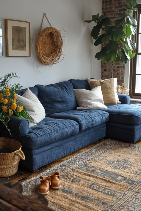 Masculine Cottage Living Room, Blue Couch Living Room Ideas Boho, Dusty Blue Couch Living Room, Blue Couch Decor Ideas, Cozy Living Rooms Blue, Color Couch Living Room, Blue Grey Couch Living Room, Dark Blue Couch Living Room, Boho Living Room Blue