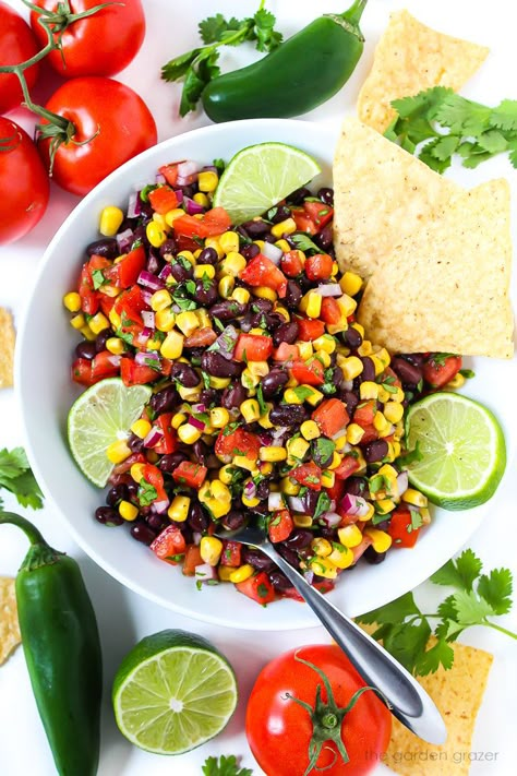 Black Bean Salsa (Easy!) - The Garden Grazer Starch Diet, Vegan Dip Recipes, Black Bean Salsa Recipe, Cooking Sweet Corn, Bean Salsa Recipe, Salsa Easy, Garden Grazer, Corn Bean Salsa, Salsa Salad