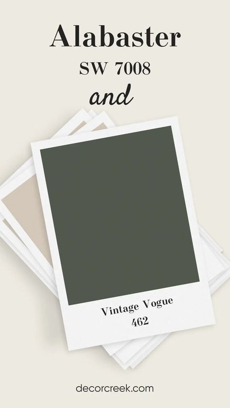 Alabaster SW 7008 and Vintage Vogue 462 Alabaster Paint Scheme, Alabaster Walls, Vogue Green, Entryway Colors, Basement Paint, Basement Painting, Moody Green, Alabaster Color, Popular Paint Colors