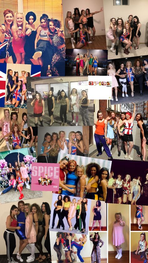 A collage of girl groups dressed as the Spice Girls, featuring individual costumes for each iconic character: Sporty, Scary, Baby, Ginger, and Posh Spice, showing creative group costume ideas for Halloween. Sporty Spice Costume, Spice Girls Costumes, Girl Group Costume, 90s Costume, Sporty Spice, Iconic Looks, Girls Group, Ginger Spice, Group Costumes