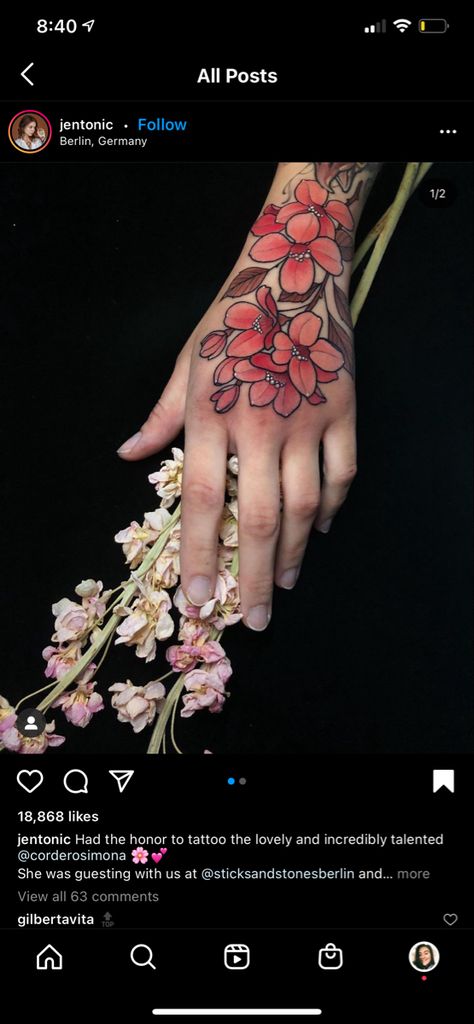 Cherry Blossom Hand Tattoos For Women, Cherry Blossom Hand Tattoo, Sakura Tattoo, Cherry Blossom Branch, Tattoo Graphic, Sakura Flower, Body Modification, Design Drawings, Hand Tattoo