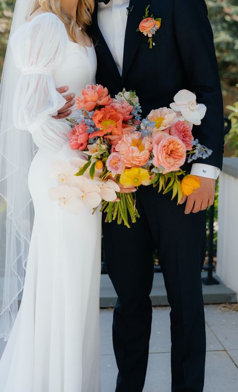 Poppy Bridal Bouquet, Blue Tweedia, Poppy Wedding, Peony Wedding, Coral Wedding, Wedding Flower Inspiration, Peach Wedding, Coral Peach, Wildflower Wedding