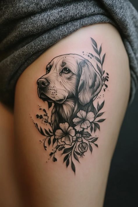 Labrador Tattoo Ideas Black Labrador Tattoo Ideas, Realistic Dog Portrait Tattoo, Labrador Dog Tattoo, Labrador Tattoos, Dog Print Tattoo Ideas, Labrador Tattoo Ideas, Pet Tattoos Dog, Labrador Retriever Tattoo, Unique Dog Tattoo Ideas