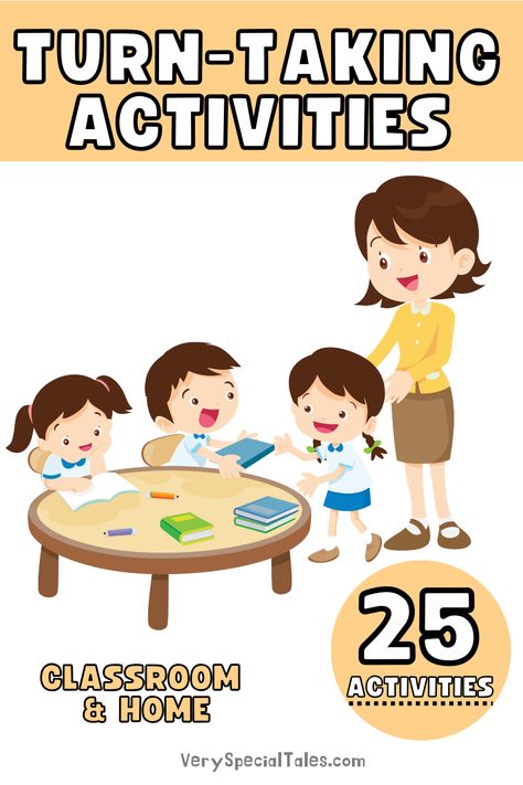 Kids taking turns to use books- Title: Turn-Taking Activities. 25 Activities. Classroom & Home Turn Taking Activities Kindergarten, Preschool Turn Taking Games, My Turn Your Turn Activities, Turn Taking Activities Eyfs, Taking Turns Activities Social Skills, Turn Taking Activities Preschool, Turn Taking Activities Toddlers, Taking Turns Activities Preschool, Social Skills Activities For Toddlers