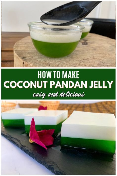 Coconut pandan jelly dessert. Pandan Jelly, Coconut Jello, Coconut Jelly, Jelly Desserts, Jello Desserts, Best Thai, Global Cuisine, Pinoy Food, Food Recepie