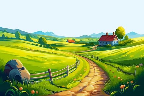 Vector illustration of green country sid... | Premium Vector #Freepik #vector #farm-illustration #barn #farm-landscape #agriculture-illustration Country Side Illustration, Farm Vector Illustration, Farm Cartoon Background, Country Side Landscape, Agriculture Illustration, Barn Illustration, Land Illustration, Farm Background, Farm Illustration