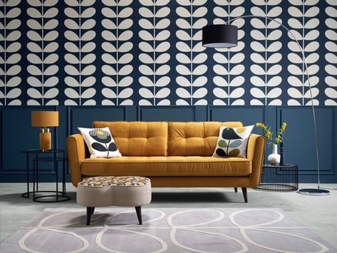 Barker and Stonehouse’s Orla Kiely collaboration is bringing pattern and joy into our homes Orla Kiely Living Room, 70s Apartment, Petite Sofa, Luxe Furniture, Gold Sofa, Retro Tiles, 1960s Inspired, Inspired Furniture, Open Plan Living Room