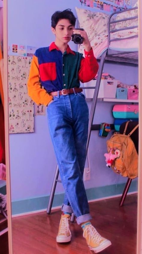 80s Male Outfits Aesthetic, Bright Color Clothing Aesthetic, Colourful 90s Outfits, Masculine 80s Outfits, Colorful 80s Outfits Men, Colorful Outfit Ideas Men, 80s Bright Outfits, 80s Masculine Fashion, Colorful 70s Outfits Men