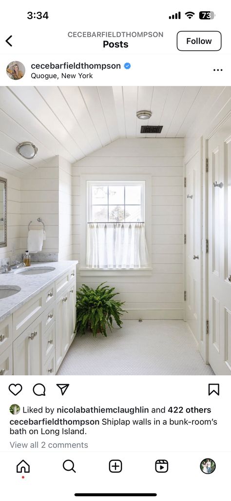 Blue And White Beach House, Cece Barfield Thompson, Cece Barfield, White Beach House, Beadboard Bathroom, Cottage Bath, Garage Guest House, Shiplap Walls, Beach House Design