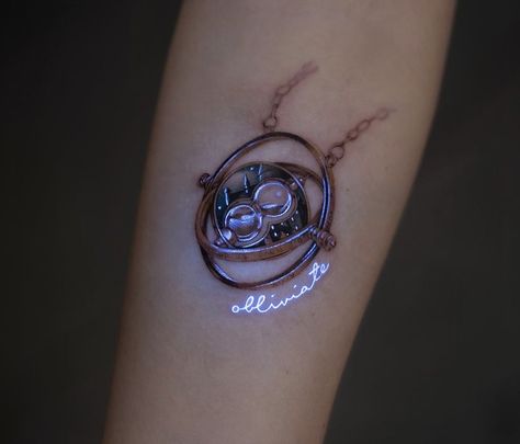 Time Arm Tattoo, Harry Potter Tattoo Unique, Harry Potter Tattoo Sleeve, Disney Inspired Tattoos, Idea Man, Kpop Tattoos, Neon Tattoo, Hp Tattoo, Potter Tattoo