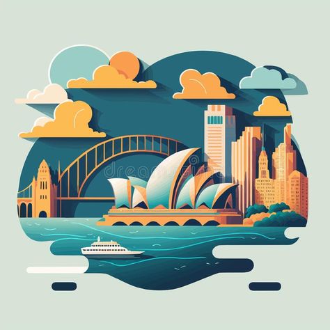 Opera Architecture, Australia Opera House, Panorama Illustration, Vector Landscape, Building Illustration, Landmark Buildings, Flat Logo, Architecture Landmark, Logo Style