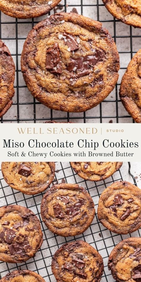 When I think about perfect chocolate chip cookies, these 3 things come to mind: soft, chewy centers, crisp golden edges, and a nutty sweet taste. Thankfully, my Browned Butter Miso Chocolate Chip Cookies check all the boxes! These will become your new favorite cookie recipe, promise! #wellseasonedstudio #chocolatechip #cookies #miso #misopaste Miso Chocolate Chip Cookies, Chocolatechip Cookies, Chocolate Chip Cookies Ingredients, Dark Chocolate Cookies, Perfect Chocolate Chip Cookies, Favorite Cookie Recipe, Browned Butter, Cocktail Desserts, Chewy Cookie