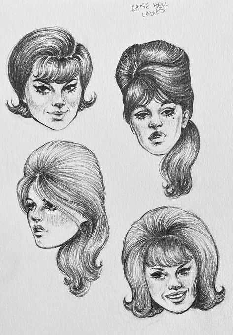 60s Female Hairstyles, Marilyn Monroe Hair Drawing, Victorian Hair Drawing, Vintage Hairstyles Drawing, 60s Hair Drawing, 70s Hair Drawing, 1960s Fashion Drawing, 1960s Drawing, Cabelo Pin Up