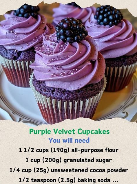 Purple Velvet Cupcakes  Luscious... - Alexander's Recipes Purple Halloween Cupcakes, Purple Desserts Ideas, Cupcakes With Purple Frosting, Purple Birthday Cupcakes, Purple Cupcakes Ideas, Purple Foods For Party, Goth Cupcakes, Plum Cupcakes, Purple Velvet Cupcakes