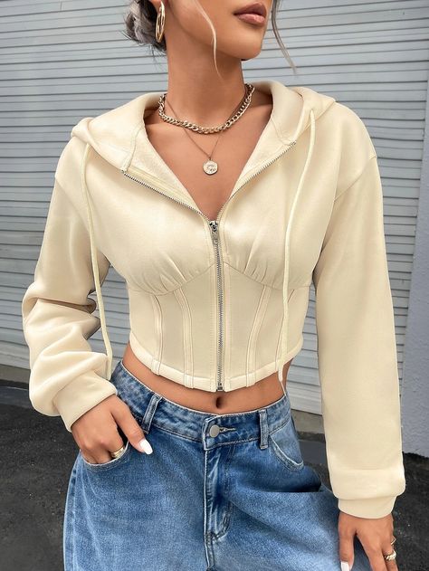 Knitwear Street Style, Corset Waist, Women Sweatshirts, Zip Up Hoodies, Kpop Fashion Outfits, Drawstring Hoodie, Rave Outfits, Fantasy Fashion, Kpop Fashion