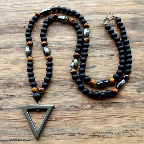 New Design 6MM Tiger stone bead Black Men's Hematite triangle pendants Necklace Fashion Jewelry Mens Beaded Necklaces, Brown Tiger, Mens Necklace Pendant, Hematite Necklace, Pendants Necklace, Triangle Necklace, Triangle Pendant, Tiger Eye Beads, Eye Beads