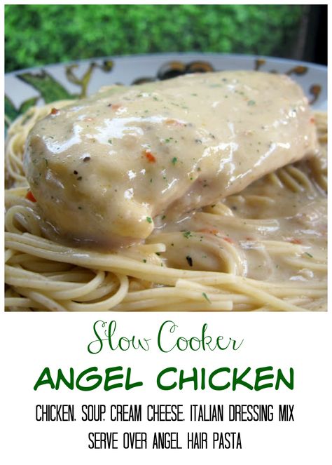 Angel Chicken - chicken, cream of chicken soup, cream cheese and Italian dressing mix - serve over angel hair pasta or potatoes. So easy and super delicious! Angel Chicken, Crockpot Dishes, Chicken Soup Recipes, Chicken Crockpot Recipes, Crockpot Recipes Slow Cooker, Cream Of Chicken Soup, Crock Pot Cooking, Slow Cooker Chicken, Chicken Dishes