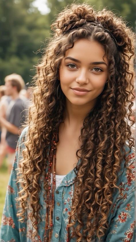 Boho Hair For Curly Hair, Curly Boho Hair, Textured Half Up Half Down Hair, Soft Curly Hairstyles, Boho Curly Hair, Curly Hair Half Up, Boho Curly Hairstyles, Boho Chic Hair, Curly Hair Half Up Half Down