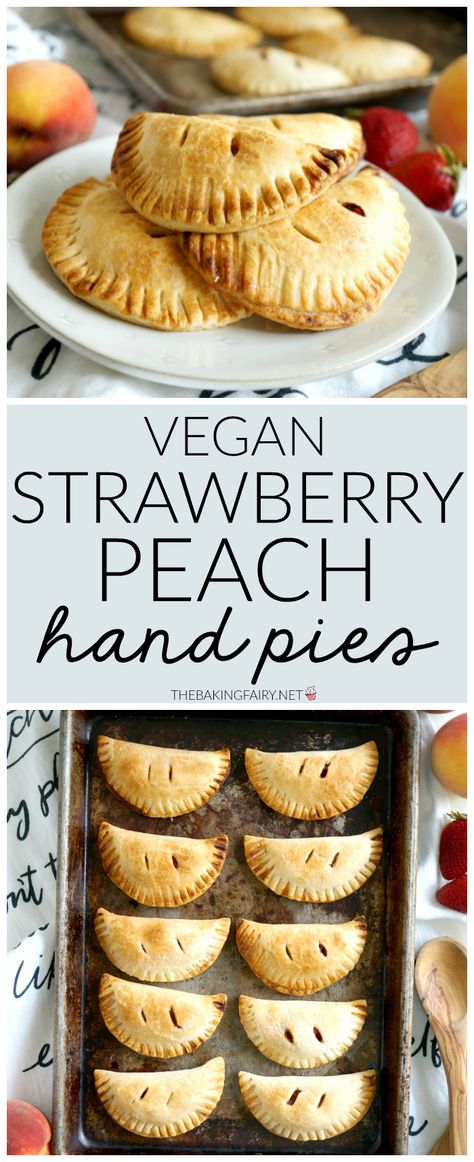 vegan strawberry peach hand pies | The Baking Fairy Peach Hand Pies, Vegan Peach, Hand Pie Recipes, Vegan Baking Recipes, Christmas Recipes Appetizers, Vegan Pie, Pie Crusts, Fruit Filling, Hand Pies