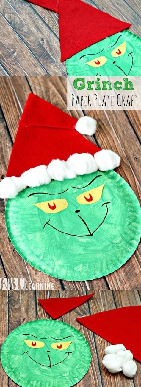 Who doesn't love the Grinch during the holidays? This Grinch Paper Plate Craft for kids is super easy to make and kids will love it! It's not Christmas unless it's Grinchmas with the Grinch! - simplytodaylife.com #GrinchCraft #Grinchmas #TheGrinchWholeStoleChristmas #ChristmasGrinch #DrSeussCraft #TheGrinch #SantaGrinch Grinch Projects For Kids, Daycare Tree, Grinch Paper Plate Craft, Grinch Activities, Grinch Craft, Grinch Crafts, Paper Plate Craft, Paper Plate Crafts For Kids, Grinch Party