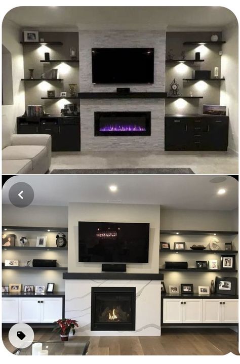 Tv Room Ideas With Fireplace, Basement Stair Closet, Black Accent In Living Room, Tv And Electric Fireplace Wall Ideas Living Room, Nook By Fireplace, Electric Fireplace Ideas With Tv Modern, Tv Wall With Fireplace Modern, Tv Fireplace Wall Ideas, Small Living Room Remodel