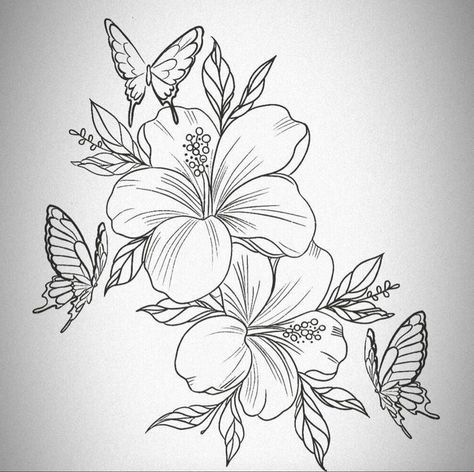 Chest And Shoulder Tattoo Female, Hibiscus And Butterfly Tattoo, Tropical Flowers Tattoo, Butterfly And Flower Tattoo Designs, Tattoos Hibiscus, Tattoo Flower Drawing, Tropical Flower Tattoo, Printable Tattoo Designs, Hibiscus Tattoos