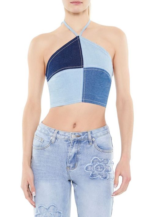 Patchwork Chambray Halter Top Trendy Denim Blue Patchwork Top, Trendy Denim Patchwork Tops, Patchwork Halter Top, Blue Patchwork Cotton Denim Top, Fitted Denim Patchwork Tops, Chambray Top, Halter Neckline, Patchwork Designs, Tie Backs