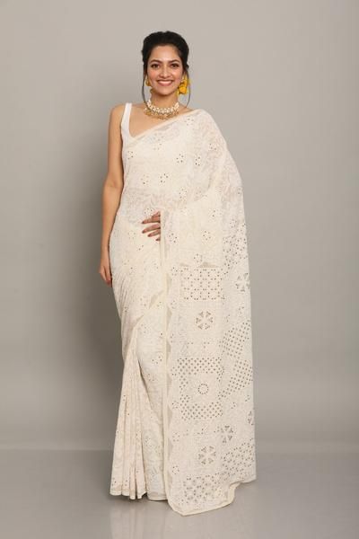 Chikankari Saree, Satin Saree, Kinds Of Clothes, Georgette Sarees, Blouse Piece, Hand Embroidered, One Shoulder Formal Dress, High Neck Dress, Saree