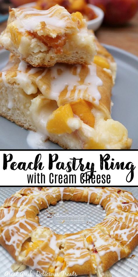 A double picture collage of a peach pastry ring on a cookie sheet and a serving on a gray plate. Peach Crossaint, Peach Danish Recipe, Peach Pastry Recipes, Peaches And Cream Cheese Loaf, Peach Rolls, Peach Crescent Rolls, Easy Pastries, Peach Pastry, Cheese Crescent Roll Recipes