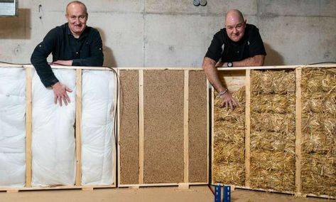 Professor Pete Walker (left) and Dr Shawn Platt (right) from the University are Bath are testing a number of waste materials to assess their thermal performance as potential materials for insulating buildings. Credit: University of Bath Waste Material Products, Bath University, Building Insulation, Rouen France, Energy Efficient Buildings, Home Panel, Sustainable Building Materials, Architect Magazine, Masonry Work