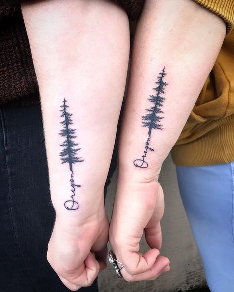 Jessica Gold on Instagram: “Super cute mother & daughter tattoos I did today!! Thank you ladies!🌲🌲 #jessicagoldtattoo #pnwtattooartist #oregontattooartist #eugene…” Couples Tree Tattoo, Pnw Tattoo Oregon, Upper Peninsula Tattoo, Oregon Tattoo Ideas, Cute Mother Daughter Tattoos, Minnesota Tattoo, Outdoor Tattoo, Oregon Tattoo, Pnw Tattoo