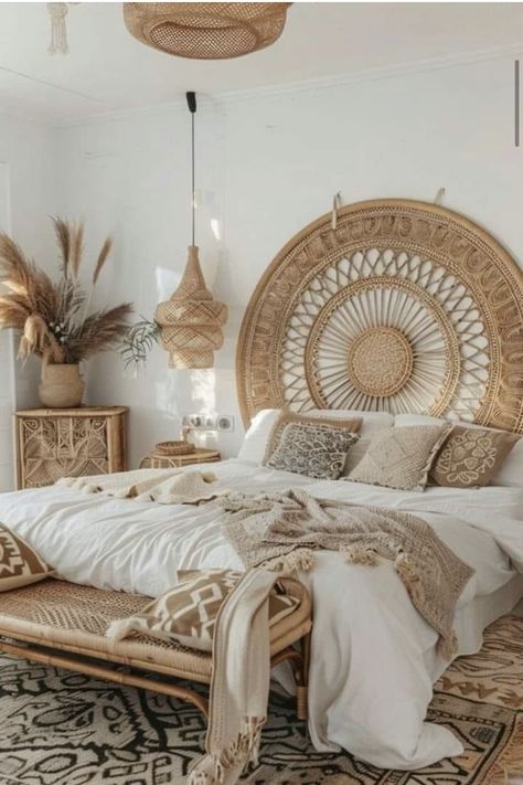 Boho Ideas Bedroom, Modern Boho Master Room Bedroom Ideas, Boho Bedroom Lighting Ideas, Affordable Bedroom Decor Ideas, Boho Wall Ideas, Open Space Ideas, Bedroom Room Designs, Balinese Bedroom, White Boho Bedroom