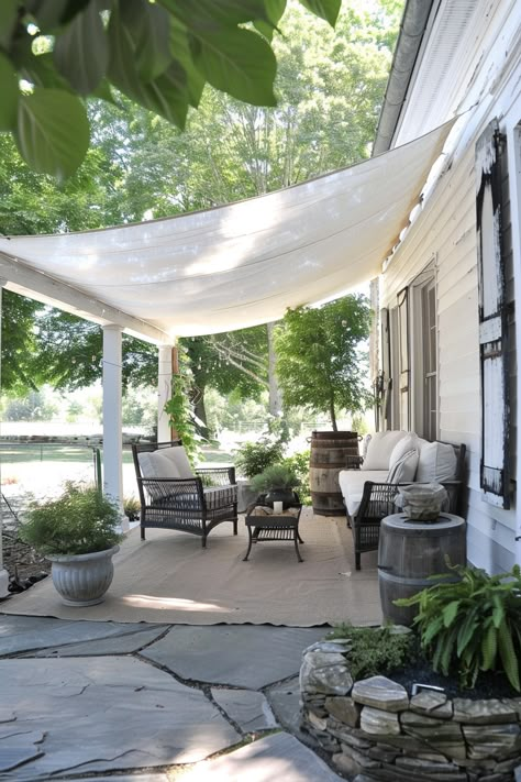 Garden Rain Cover, Garden Awning Ideas, Porch Covering Ideas Patio, Patio Canopy Ideas, Patio Covering Ideas, Backyard Shade Ideas, Backyard Forest, Patio Covering, Closed In Porch