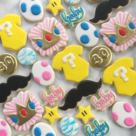 Super Mario Gender Reveal Party, Gender Reveal Pokemon Theme, Mario Gender Reveal Ideas, Super Mario Bros Gender Reveal, Mario Bros Gender Reveal, Mario Nursery Theme, Mario Themed Gender Reveal, Princess Peach Baby Shower Ideas, Mario Brownies