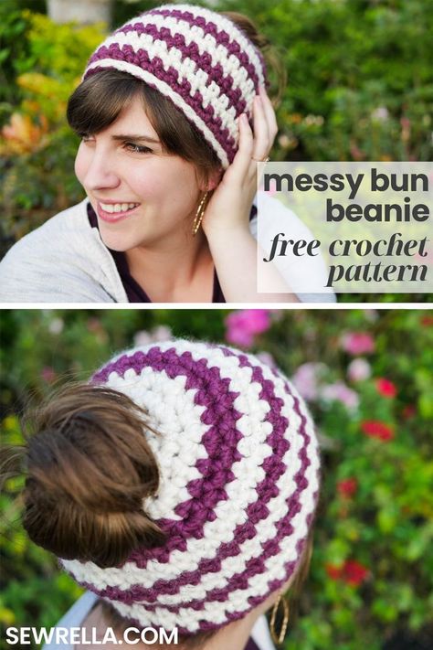 This quick and easy messy bun beanie works up in just one hour! It's super comfy and perfect to wear in chilly weather without having to spend time fixing your hair. Check out my free crochet pattern here, along with tons of other hat and beanie projects. #crochet #beanie #bunbeanie #freepattern #hat Easy Crochet Projects Free, Messy Bun Hat Crochet Pattern, Crochet Projects Free, Bun Hat Crochet Pattern, Crochet Bun Hat, Messy Bun Hat Pattern, Crochet Project Free, Messy Bun Hat Crochet, Crochet Messy Bun