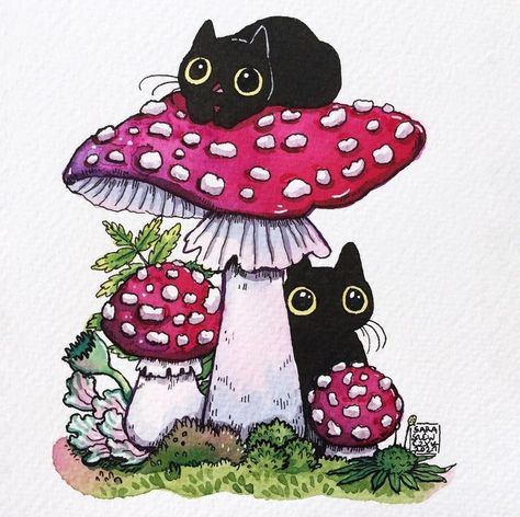 Black Cat Aesthetic, Mushroom Tattoos, Mixed Media Crafts, Charm School, Goth Art, Cat Character, Mushroom Art, Flash Art, Creative Drawing