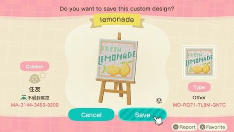 Lemonade Stand Sign, Nintendo Switch Animal Crossing, Flag Code, Lemonade Sign, Paint Mixing, Build Inspiration, Crossing Sign, Qr Codes Animal Crossing, Pool Signs