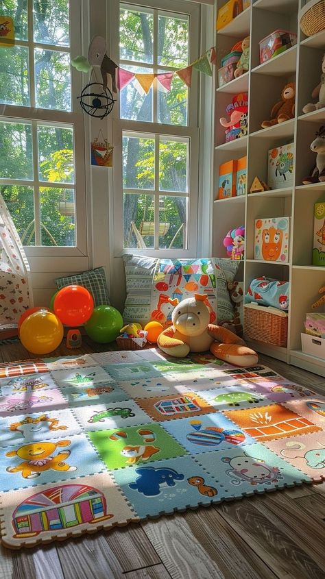 Bright and inviting children's playroom with educational mat, toys, and books for fun and learning opportunities. Colorful Playroom Design, Playroom Ideas Colorful, Agere Room, Aesthetic Playroom, Cozy Playroom, Sfw Agere, Family Room Playroom, Loft Playroom, Creative Kids Rooms