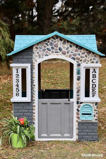 Little Tikes Cape Cottage Playhouse™ Makeover: Thrift Diving Edition | Homes.com Cape Cottage Playhouse Makeover, Little Tikes Cape Cottage Makeover, Upcycled Playhouse, Little Tikes Playhouse Makeover, Playhouse Remodel, Toy Makeover, Cape Cottage, Plastic Playhouse, Playhouse Makeover