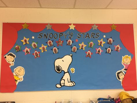 Snoopy themed classroom bulletin board. Snoopy's Stars Snoopy Classroom Door, Snoopy Classroom Decorations, Charlie Brown Classroom Theme, Snoopy Themed Classroom, Peanuts Classroom Theme, Snoopy Classroom Theme, Snoopy Bulletin Board Ideas, Peanuts Gang Classroom, Snoopy Room