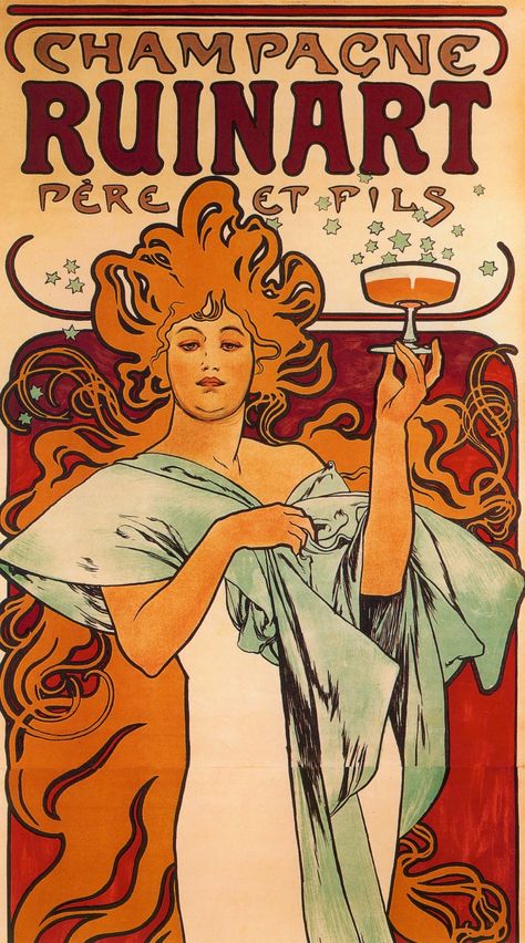 Champagne Ruinart by Alphonse Mucha) Alfons Maria Mucha, Alphonse Mucha Art, Mucha Art, Alfons Mucha, Classic Art Prints, Art Nouveau Poster, Alphonse Mucha, Ethereal Art, Advertising Poster