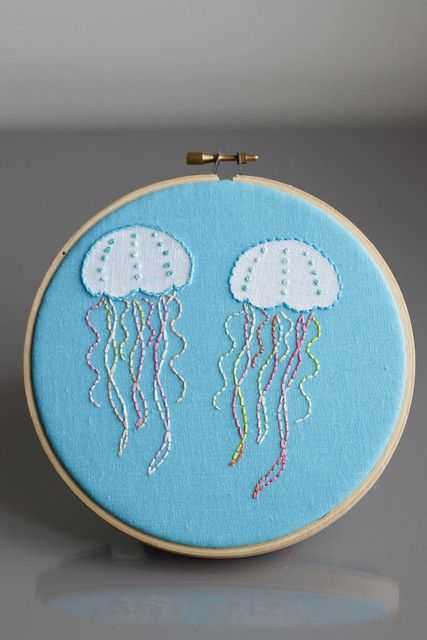 Seashells Embroidery Designs, Jellyfish Embroidery, Jellyfish Tentacles, Nautical Embroidery, Jellyfish Print, Jellyfish Design, Embroidery Hoop Wall Art, Pola Sulam, Sewing Embroidery Designs