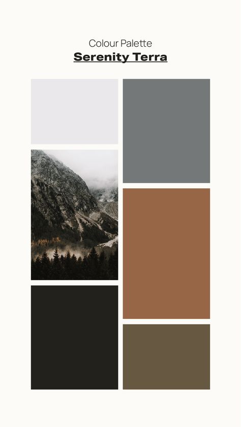 Experience the serene vibe of our Serenity Terra color palette—a masculine, grounding collection featuring deep olive, rock, and mineral tones. Channeling strength and stability, this palette brings a sense of grounded sophistication to any design. Perfect for projects seeking a balance of trust and maturity. Embrace the power of nature's hues. 🌿🏞️ #SereneTerra #MasculinePalette #GroundedElegance Masculine Mood Board, Moody Nature Color Palette, Moody Brand Color Palette, Forest Color Palette Earth Tones, Dark Naturalism Color Palette, Earth Tone Color Palette Website, Masculine Color Palette, Rock And Mineral, Brand Color Palette